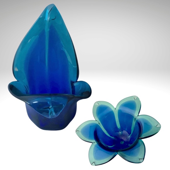 Vintage Murano Style Cobalt Candle Holders Italian Hand Blown Crystal Art Glass - Picture 1 of 8